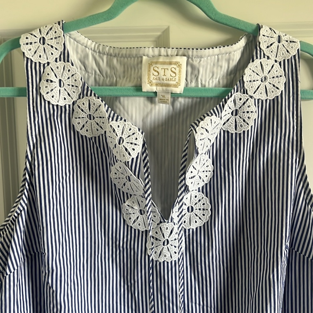 Sail to Sable Navy and White Striped Sleeveless Crochet-Trim Dress - Picture 5 of 11